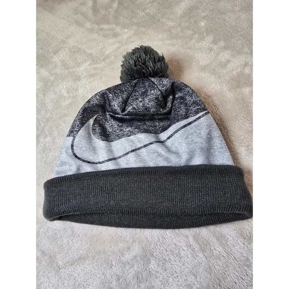 Nike Youth‎ Gray Swoosh Pom Beanie Hat Cap Winter Ski